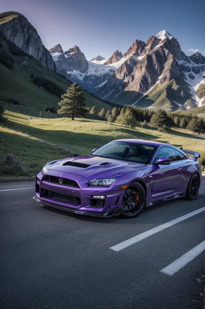 a purple gtr r34 stops on a mountain