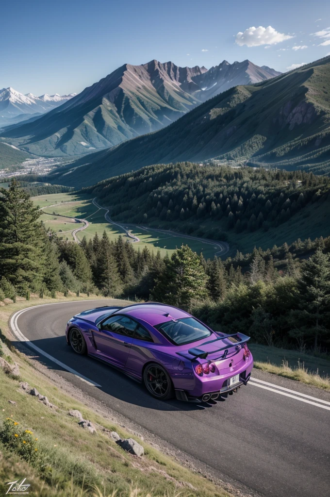 a purple gtr r34 stops on a mountain