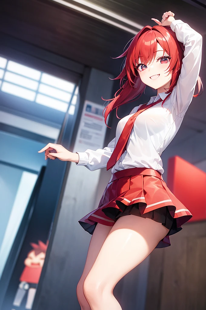 1 woman in chibi form who is very smiling, has red hair, and she is very active, energetic and happy in class, he has school clothes