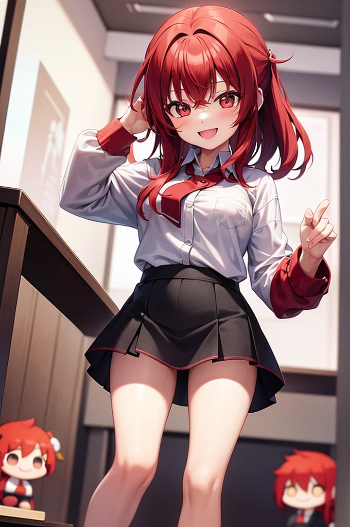 Masterpiece to the smallest detail、top-quality、1girl in、Solo looks 、150cm petite beautiful girl、small tits、12-year-old baby face、red hairs、Gradient bob in the forward、Pink and violet mesh、red eyes、Red eyes、Tall, big eyes、Outstanding looks、A lovely child、proximity、closed_mouth、a smile、red blush、full of shyness、blue headwear、Hats、pink bowtie、校服、 Blue jacket、jaket、skirt by the、Gray skirt shirt、white shirt、an legs、Black socks、sitting on、Classroom、hair_ornament、looking_at_viewer、beatiful detailed eyes、Akame、panties on、lift up one's skirt、Professional effects、