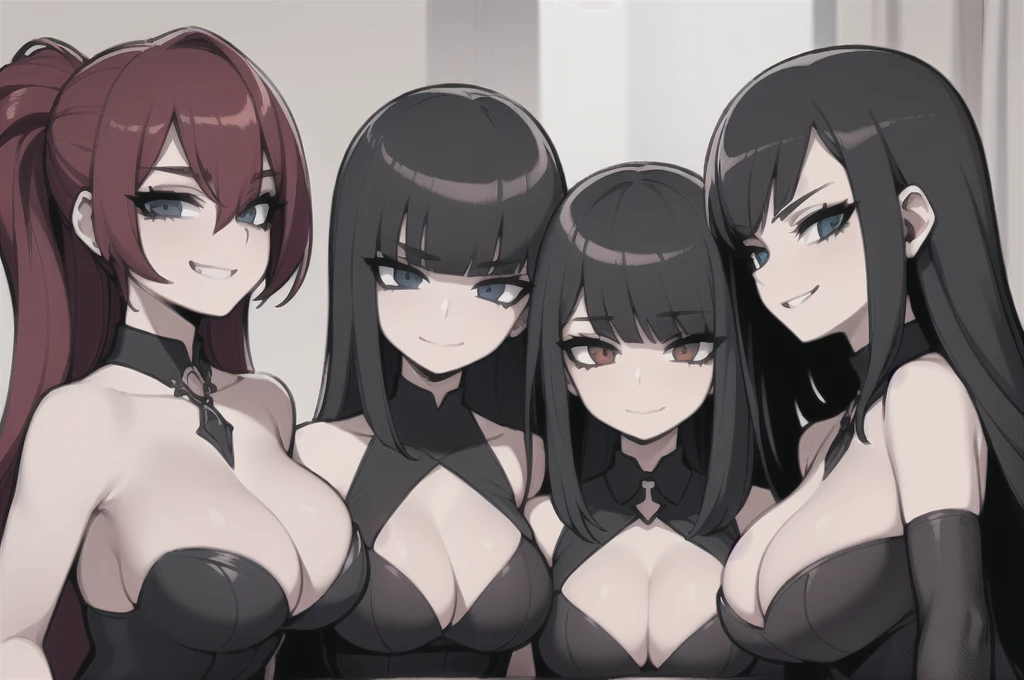 four sexy goth women who are wives of 4  boy, looking at camera, seductive smiles, portrait, various hair