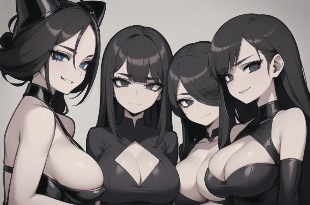 four sexy goth women who are wives of boy, looking at camera, seductive smiles, portrait, various hair