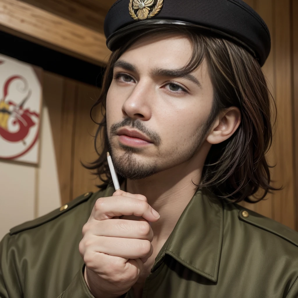 artwork style: Cartoon 2D drawing. Appearance: naughty man adulto, goatee, hair color is brown, Brazilian general outfit, General's hat, neutral look. Gender:naughty man. Pose: right hand raised at chest level, holding a cigarette in his right hand.