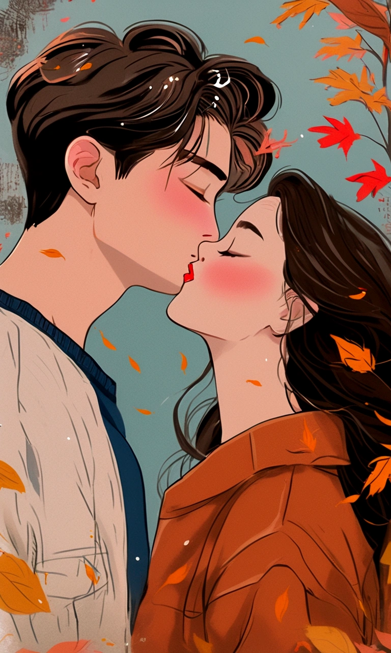 a couple of people that are kissing each other in the fall, trending on artstration, 🍁 cute, kissing together cutely, 8k)), beautiful drawing style, high quality fanart, lovely kiss, by Nil Gleyen, beautiful artwork, by Choi Buk, lovely couple, beautiful aesthetic art, ✏️🎨, kissing together, a beautiful artwork illustration