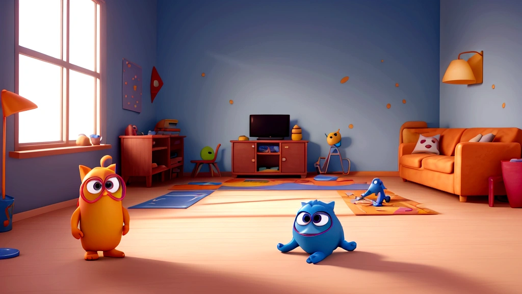 Cartoon scene of an empty room, 3D animation film, animated film, 3d pixar animation style, pixar renderman rendering, maia 8 mil, animated film, Disney Pixar 3D Style, , Disney Pixar animation