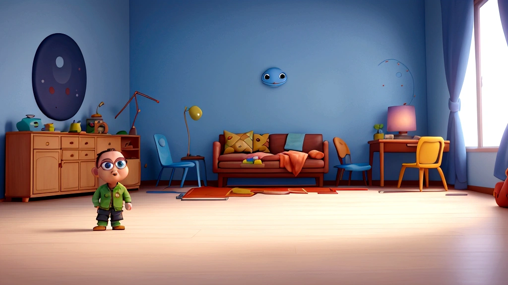 Cartoon scene of an empty room, 3D animation film, animated film, 3d pixar animation style, pixar renderman rendering, maia 8 mil, animated film, Disney Pixar 3D Style, , Disney Pixar animation