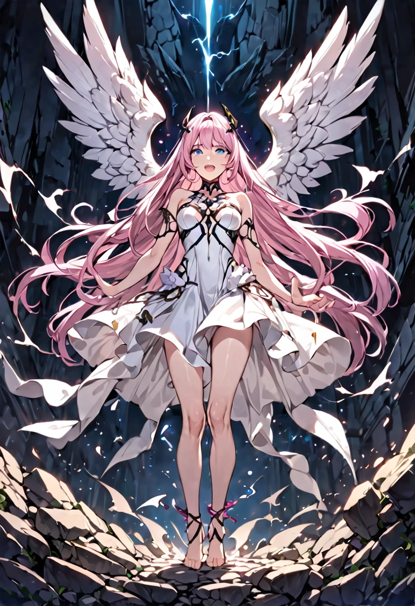 ((Highest quality)),(Ultra-high resolution),(Very detailed),(Detailed Description),((The best CG)),(masterpiece),Highly detailed art,Amazing drawing art,(Art with precise details:1.5), (Female angel:1.4),One girl, lillia, One Girl、Pink long hair、blue eyes、White dress with black lace、large pink ribbon on the chest, 聞こえるRoar, In the Dark, Shaking, The earth cracks, Standing posture, justice, Legendary, Anatomy, Roar, Extreme Speed,