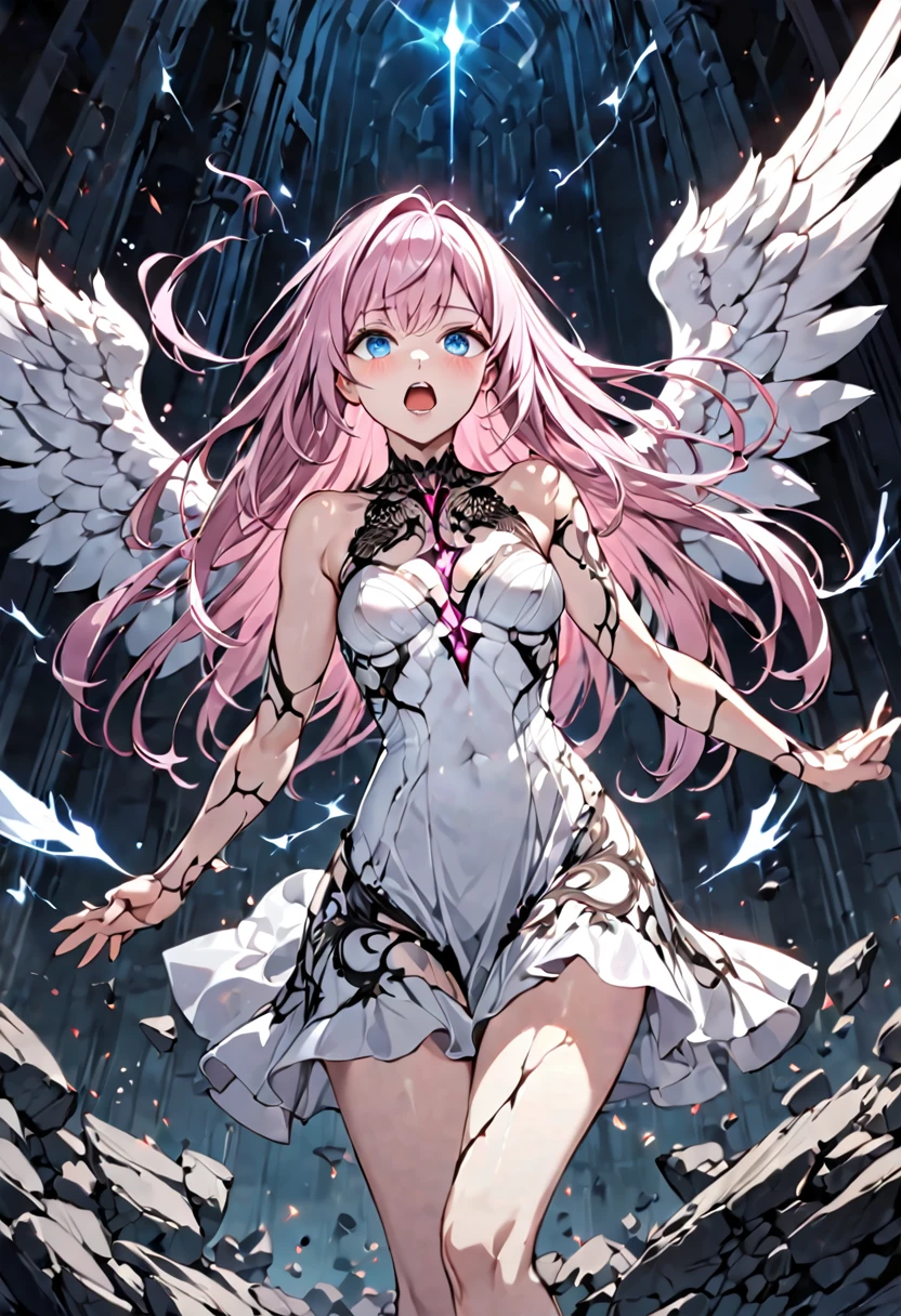 ((Highest quality)),(Ultra-high resolution),(Very detailed),(Detailed Description),((The best CG)),(masterpiece),Highly detailed art,Amazing drawing art,(Art with precise details:1.5), (Female angel:1.4),One girl, lillia, One Girl、Pink long hair、blue eyes、White dress with black lace、large pink ribbon on the chest, 聞こえるRoar, In the Dark, Shaking, The earth cracks, Standing posture, justice, Legendary, Anatomy, Roar, Extreme Speed,