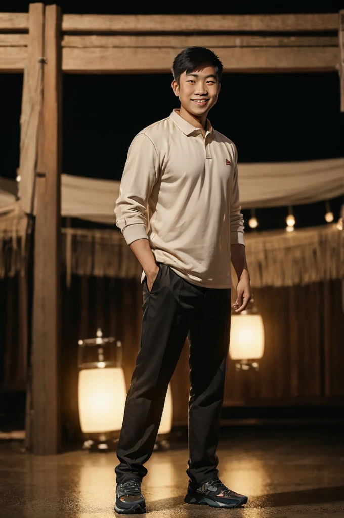 ((long distance shot:1.5)), full body view, asian man standing, smiling, light background