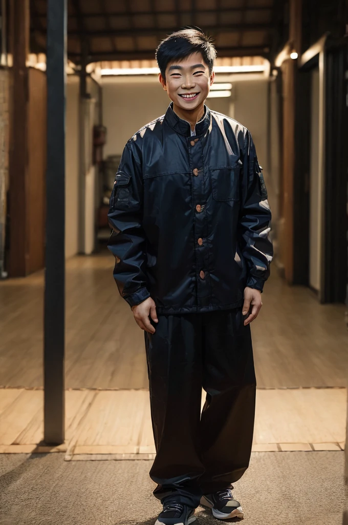 ((long distance shot:1.5)), full body view, asian man standing, smiling, light background