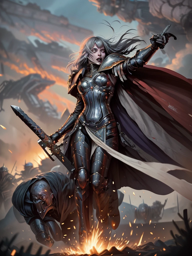 (Ultra-detailed face, Roar, shout:1.3), (Fantasy Illustration with Gothic & Ukiyo-e & Comic Art), (Full Body, A middle-aged dark elf woman with gray hair, blunt bangs, Very long disheveled hair, and dark purple skin, lavender eyes), (The Queen of War is dressed in crimson armor and a crimson velour cloak, adorned with jewels and precious metals), (The Queen of War smiles savagely, leaps up with a shout, strikes a daring pose, and thrusts both great swords forward. Flames explode from the Queen's sword's edge), BREAK (In the background, the tent of the barracks and military flags are flown, and heavily armored allied soldiers rush forward with battle cries. Smoke and dust are flying)