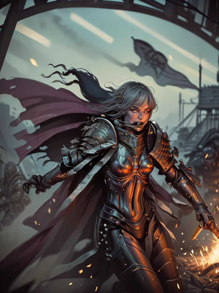 (Ultra-detailed face, Roar, shout:1.3), (Fantasy Illustration with Gothic & Ukiyo-e & Comic Art), (Full Body, A middle-aged dark elf woman with gray hair, blunt bangs, Very long disheveled hair, and dark purple skin, lavender eyes), (The Queen of War is dressed in crimson armor and a crimson velour cloak, adorned with jewels and precious metals), (The Queen of War smiles savagely, leaps up with a shout, strikes a daring pose, and thrusts both great swords forward. Flames explode from the Queen's sword's edge), BREAK (In the background, the tent of the barracks and military flags are flown, and heavily armored allied soldiers rush forward with battle cries. Smoke and dust are flying)