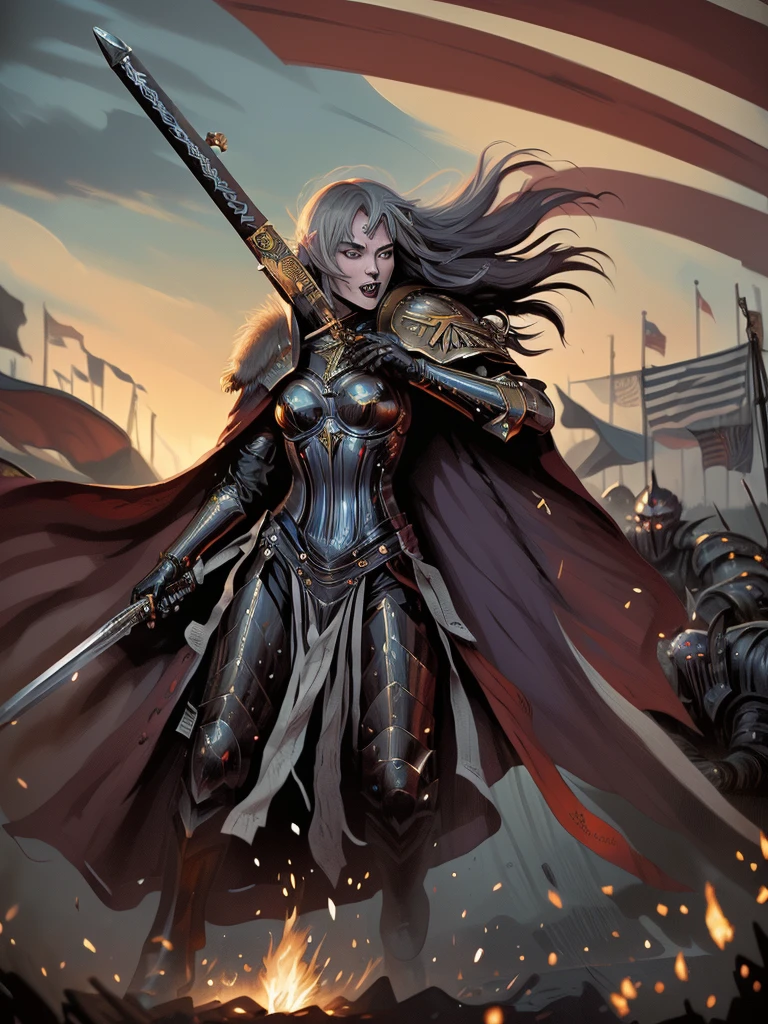 (Ultra-detailed face, Roar, shout:1.3), (Fantasy Illustration with Gothic & Ukiyo-e & Comic Art), (Full Body, A middle-aged dark elf woman with gray hair, blunt bangs, Very long disheveled hair, and dark purple skin, lavender eyes), (The Queen of War is dressed in crimson armor and a crimson velour cloak, adorned with jewels and precious metals), (The Queen of War smiles savagely, leaps up with a shout, strikes a daring pose, and thrusts both great swords forward. Flames explode from the Queen's sword's edge), BREAK (In the background, the tent of the barracks and military flags are flown, and heavily armored allied soldiers rush forward with battle cries. Smoke and dust are flying)