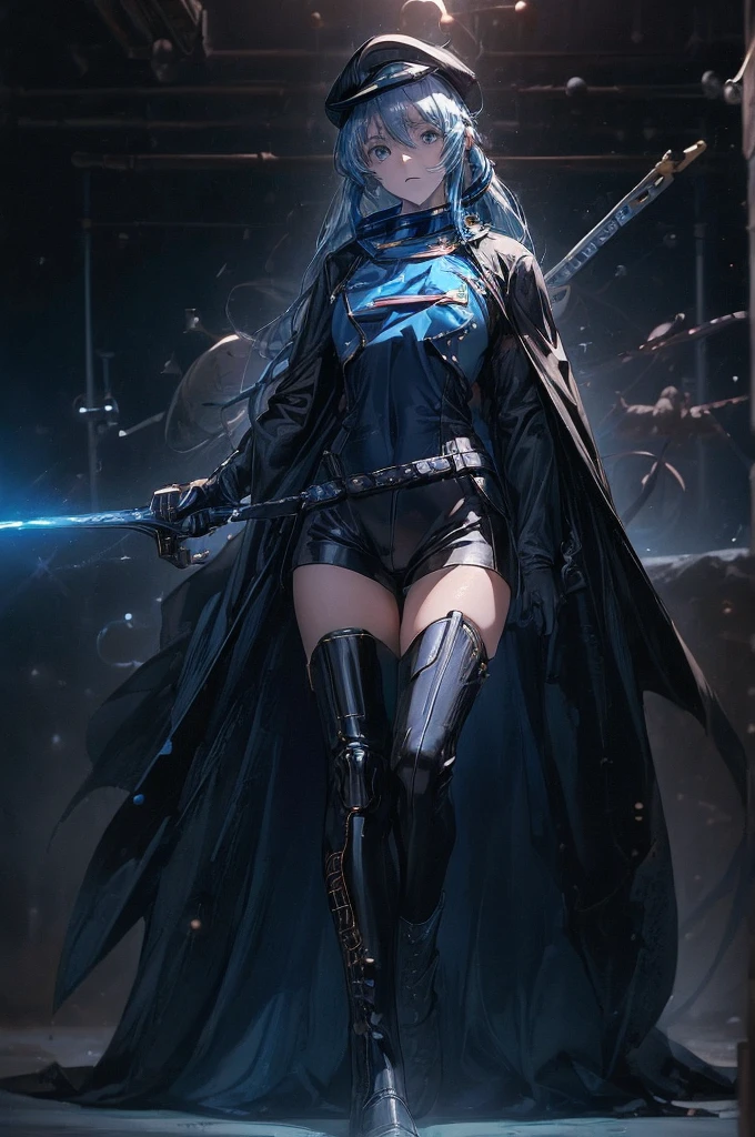 (((((((science fiction space fantasy)))))))A badass woman, an adult, (A female commander), ((a leader of a fleet of intergalactic armies)), White high ponytail with a glowing light blue highlights at the ends, Wielding a sword with deep blue aura, the mystical blade in her hand emitting a bright contrast blue light with a ray of energy, a futuristic intergalactic military uniform, Wearing Black shorts exposing the thighs, with a captain hat hat, a long simple dark boots. A masterpiece illustration, a light novel cover, best quality, best detail(Light novel illustrations), Arknights style, masterpiece, high quality, detailed.