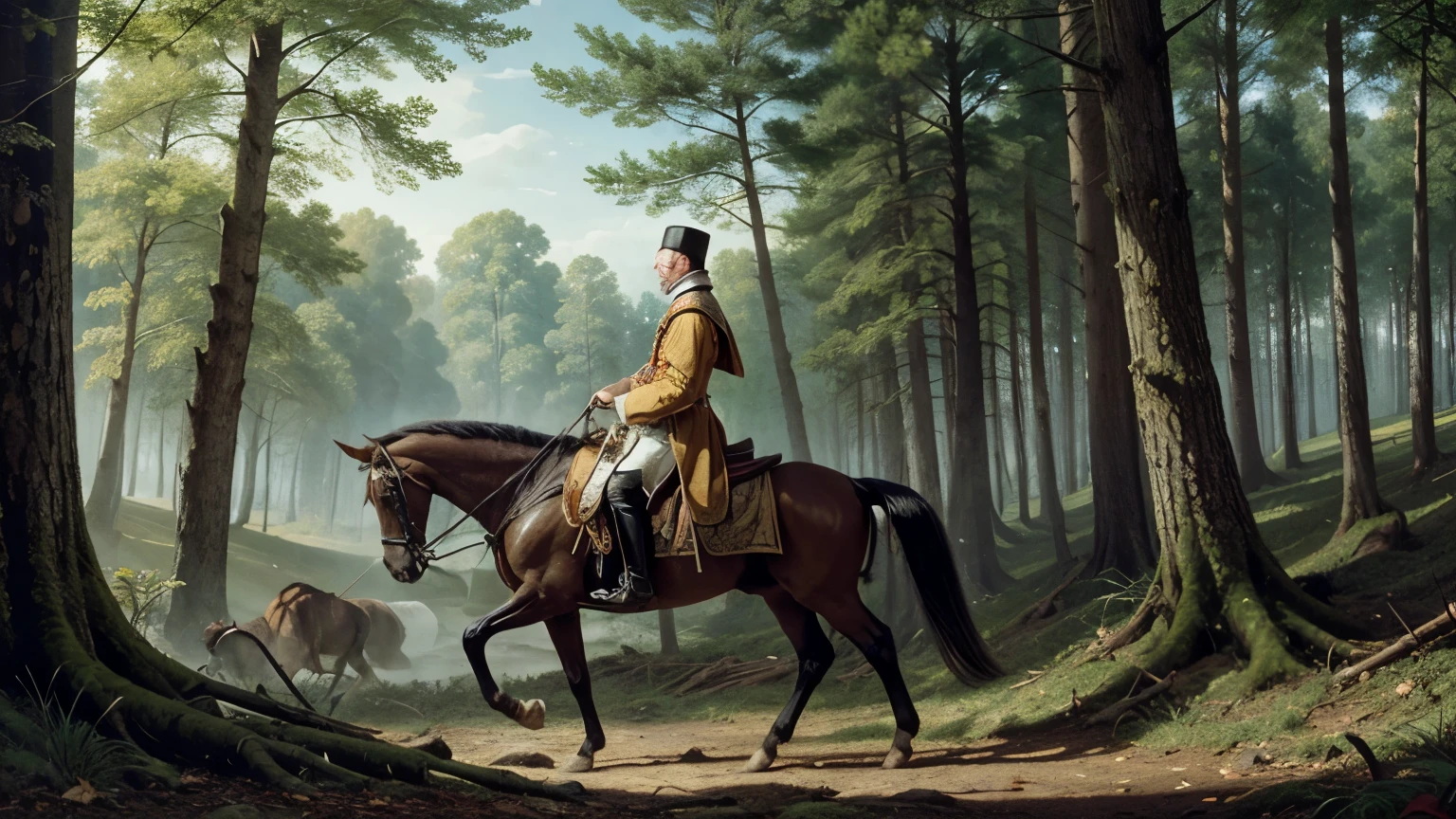 Generates an image of King Philip Iv of France hunting in a forest