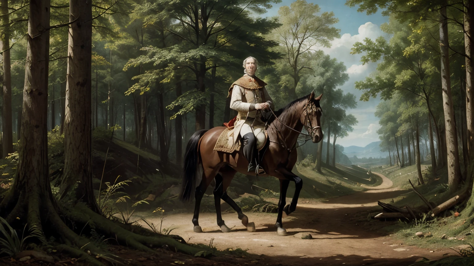 Generates an image of King Philip Iv of France hunting in a forest
