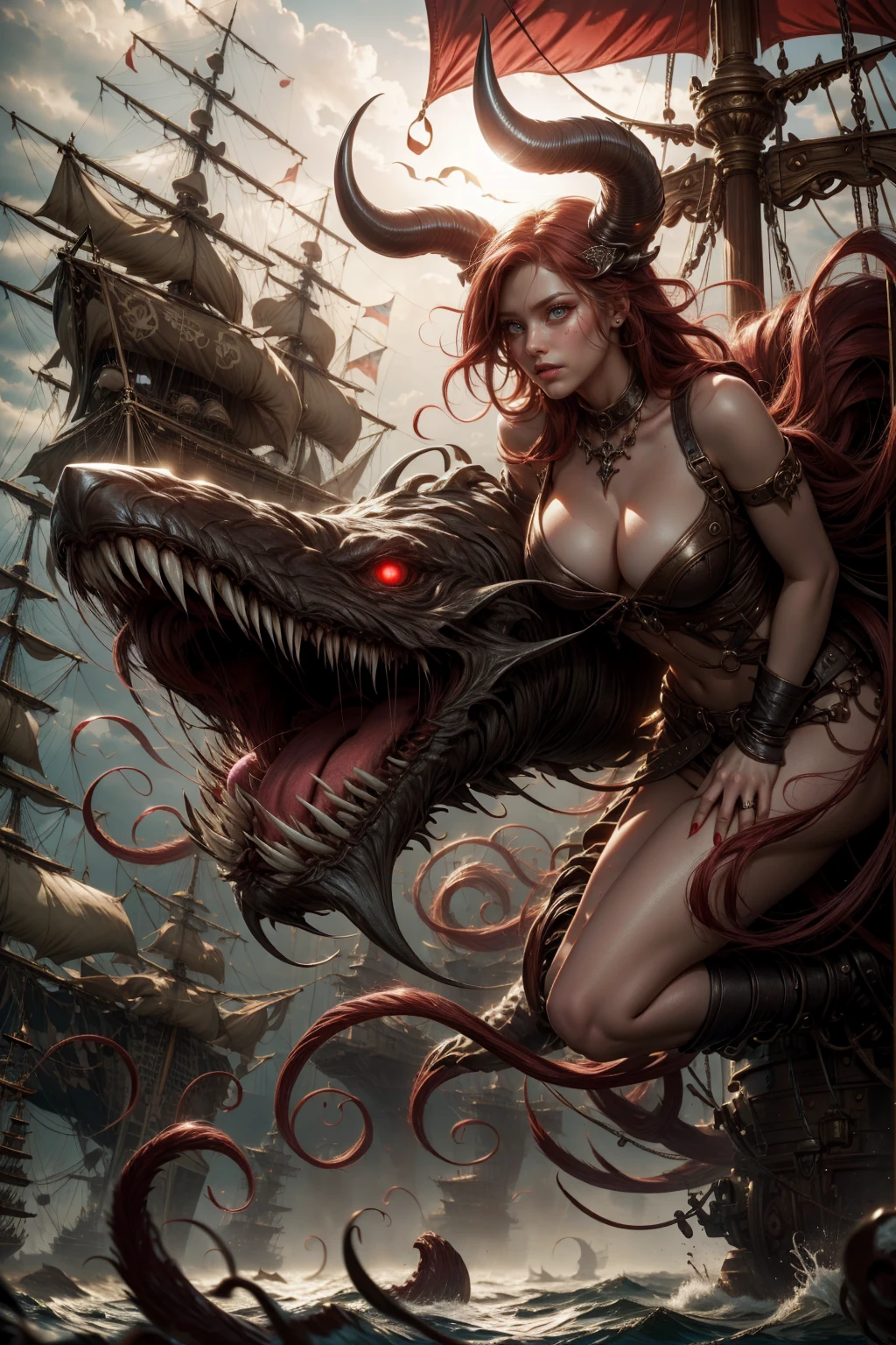 woman minotaur eye patch red hair, Red clothing, with horns, sexy sensual on a pirate ship at sea, fully body