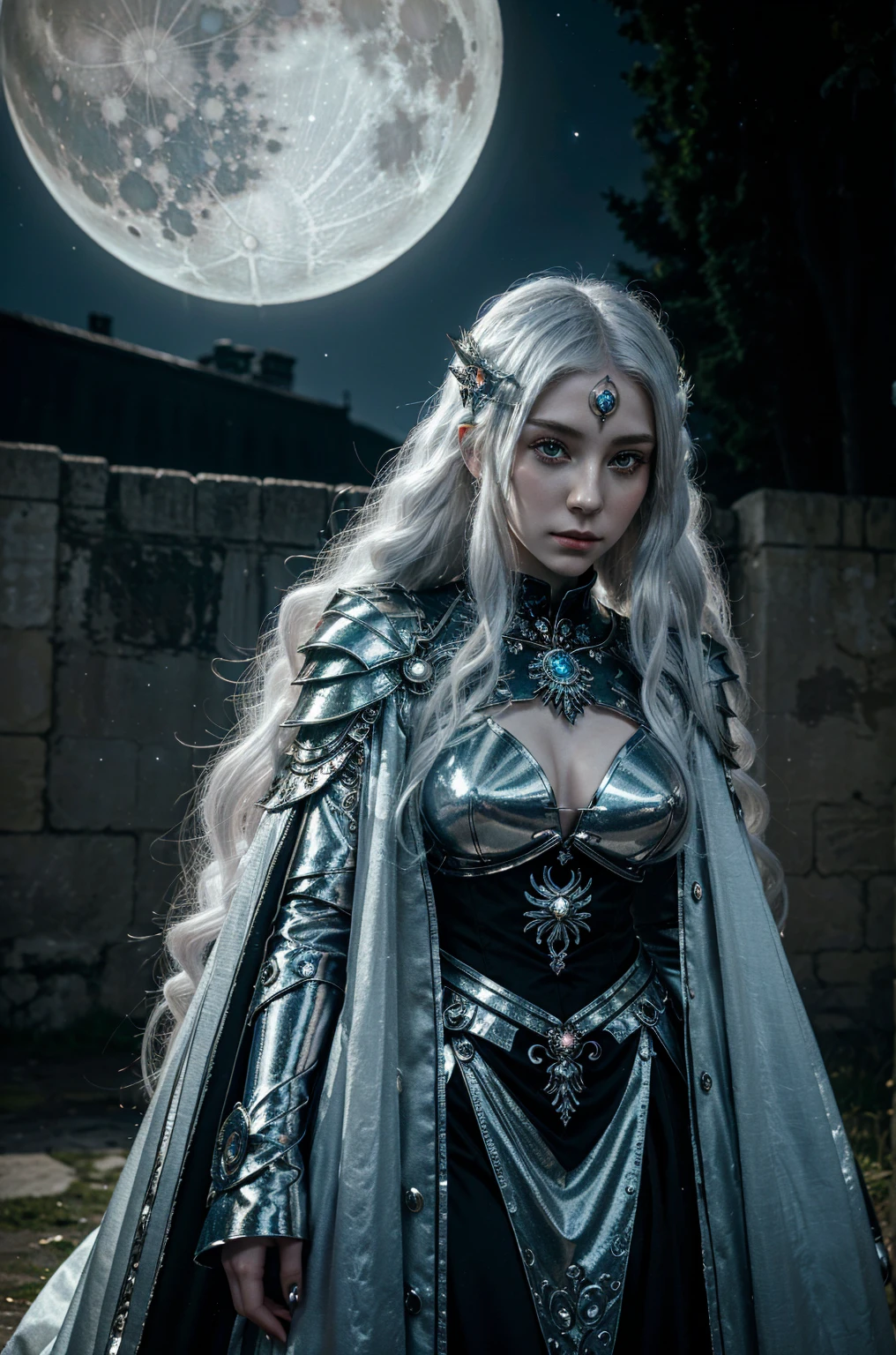((best quality, masterpiece)),
hybrid of human and moon fairy. She has pale skin, decorated with glowing moon symbols. She has long, silver hair, that glow in the dark. Lunatic has the ability to control moonlight and create protective shields from the lunar energy field.