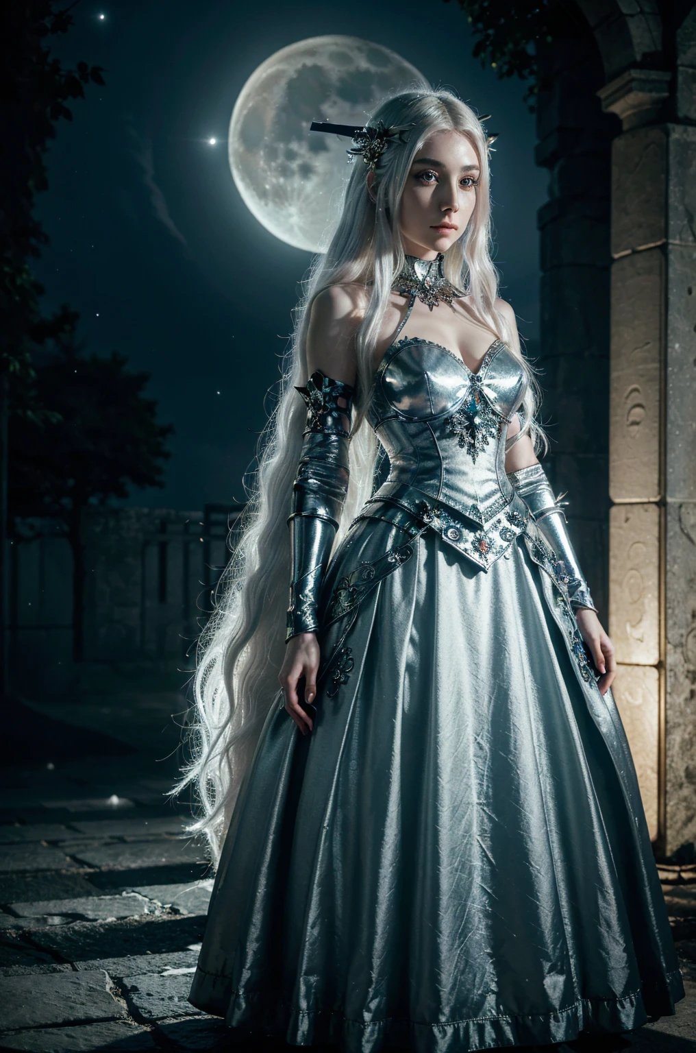 ((best quality, masterpiece)), 
hybrid of human and moon fairy. She has pale skin, decorated with glowing moon symbols. She has long, silver hair, that glow in the dark. Lunatic has the ability to control moonlight and create protective shields from the lunar energy field.