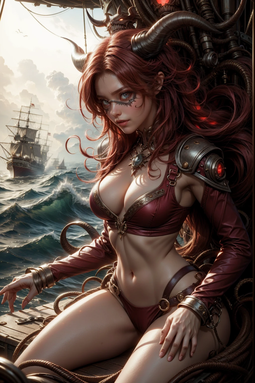 woman minotaur eye patch red hair, Red clothing, with horns, sexy sensual on a pirate ship at sea, fully body