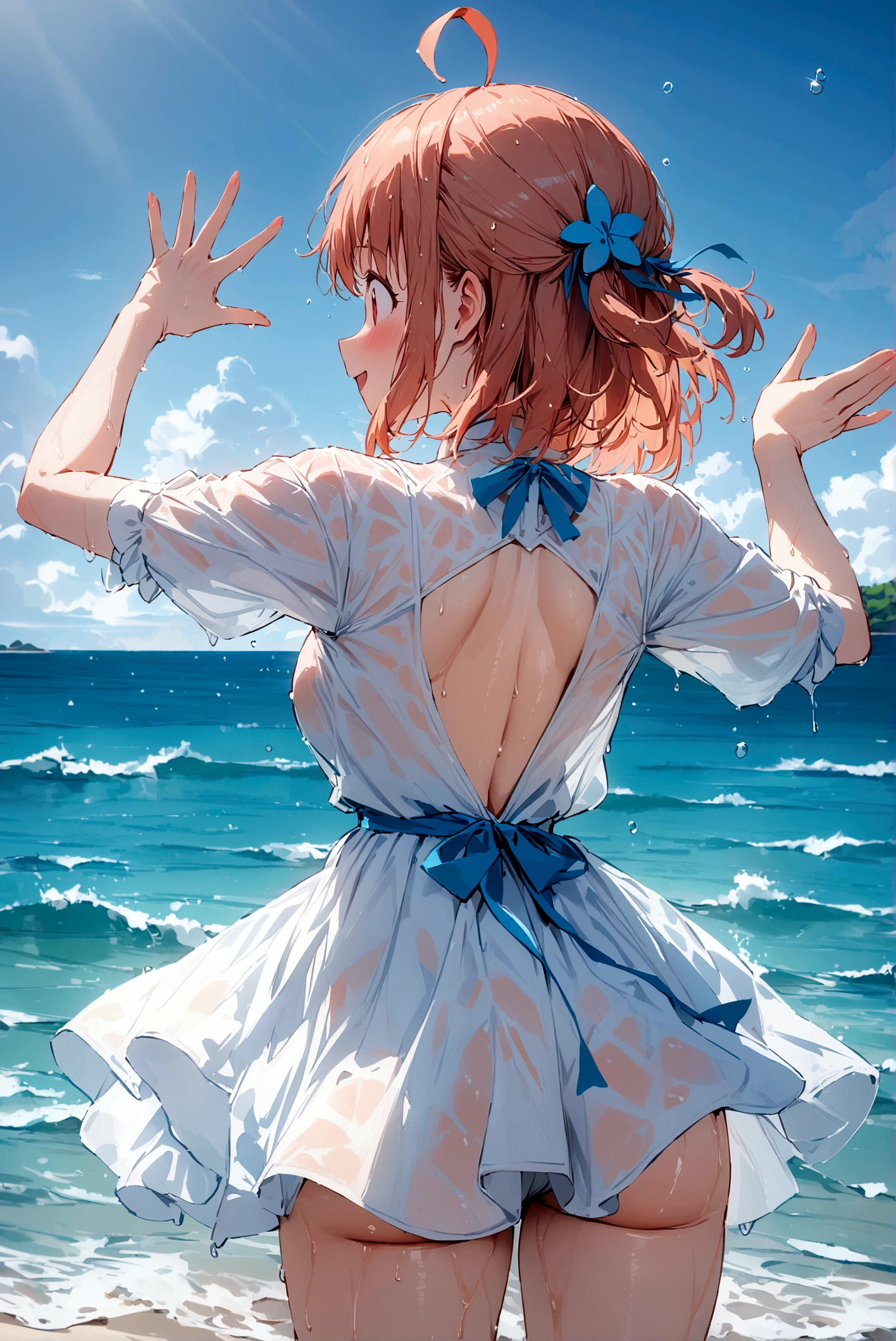 (best quality,4K,8K,highres,masterpiece:1.2), Ultra-detail, random pose, from behind,takami chika, 比基尼, slightly excited and smile, Shanks, Cowboy-shot, Hair decoration, Sea in the background,wet