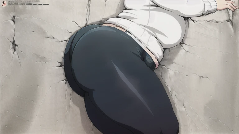 Trapped_In_Wall, Stuck in wall, fat girl, solo, curvy, huge hips, thick thighs, round belly, she is wearing leggings, and a sweater, she needs help getting out
