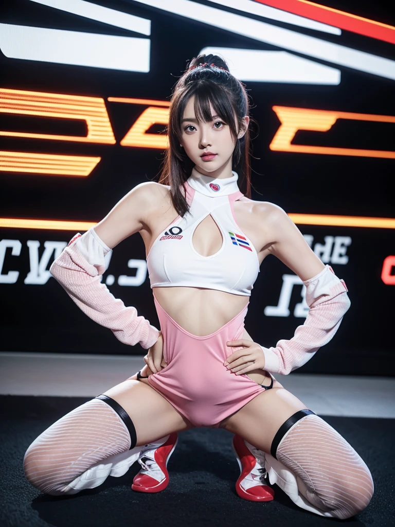 Super detailed photos、Detailed face、Lip gloss、Cool woman、Colorful costumes、F1 Driver Cosplay、Colorful costumes、Clothing with company logo、Grid Girlsのカラフルで派手な衣装、Grid Girls、Perfect Face、Paddock Girls、Harem、motor Show、tights、Bodycon Costumes、Grid Girls、Russia、Grid Girlsのコスプレ、belly button、Pleated skirt、Bodycon Costumes、Legs open pose、Spread your legs to show your crotch