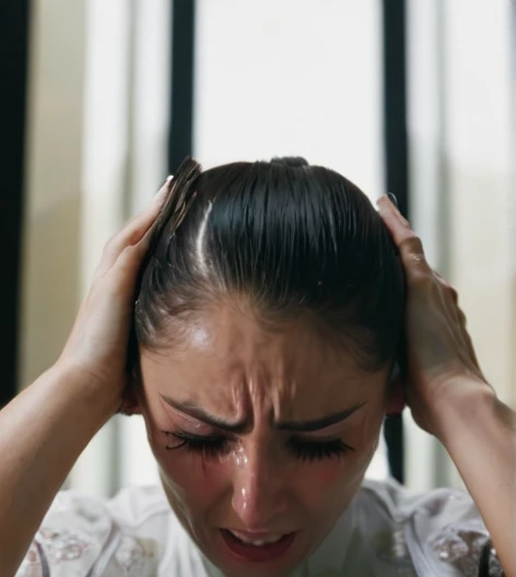 People holding a knife behind a person in front with their hands on their face crying 