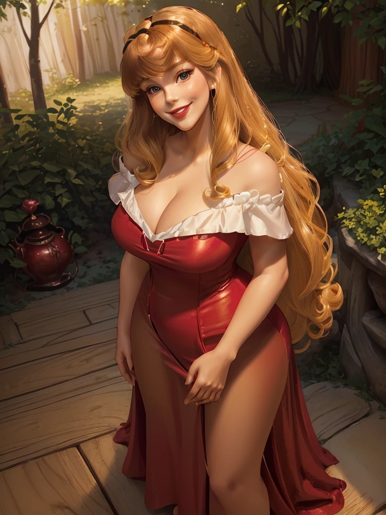 (((1 girl))) DisneyAurora, 27 years old, full body view Beautiful woman (((shoulder length wavy caramel blonde hair, two side up with bangs))) defined body, voluptuous, sexy, Red lipstick, hands free, (((mouth slightly open, smiling))) (((standing facing camera))) ((( short sleeve, crimson nightgown ))), on a sunlight patio surrounded by low hanging trees (large_breasts:1.2) (curvy:1.1)(chubby:0.9)