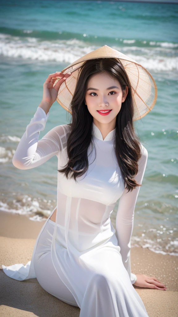 detailed body, attractive body, perfect human body, realistic face,
(ultimate quality, masterpiece, highres:1.0), realistic:1.6, photorealistic,
[8k UHD photos, UHD high quality photos, Super detailed and super clear images],
Close-up of a Vietnamese girl with a beautiful face and balanced body, leggy, round face, big round eyes, Charming smile, Red lips, long curly eyelashes, big dimples, pointed chin, plump face, Her face resembles BB_QuynhHuong, Tall and plump figure, see-through pants with clearly visible underwear,
wearing a bright and shiny white silk ao dai with embroidered flowers, sitting and playing with the sand and ocean waves, pose sexy,
Silk ao dai,
