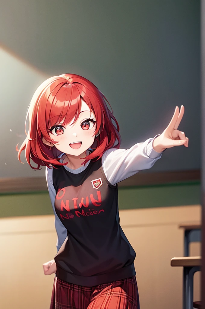 1 chibi of a woman who is very smiling, has red hair, and she is very active, energetic and happy in class, he has school clothes
