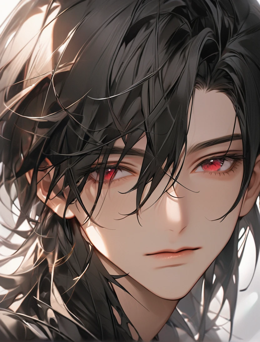 (Black_Hair), (red_ruby_eyes), (Handsome), (attractive), (perfect_face), (male), (close_up_shot), (detailed_eyes), (detailed_hair), (clean_hair), (expressionless), (vertical_pupils), (peaceful_atmosphere), (nice_jawline)