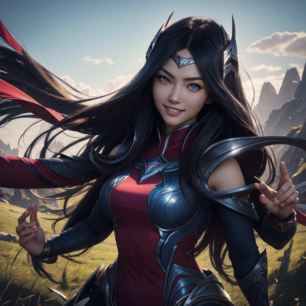 irelia from league of legends, a beautiful 24 years old woman, asian girl, dark blue long hair, blue eyes, fit body, she controls blades in the air, smiling face, detailed photograph, 8k, uhd, high quality photo, bright day, grassland background, sexy girl, perfect body, perfect face