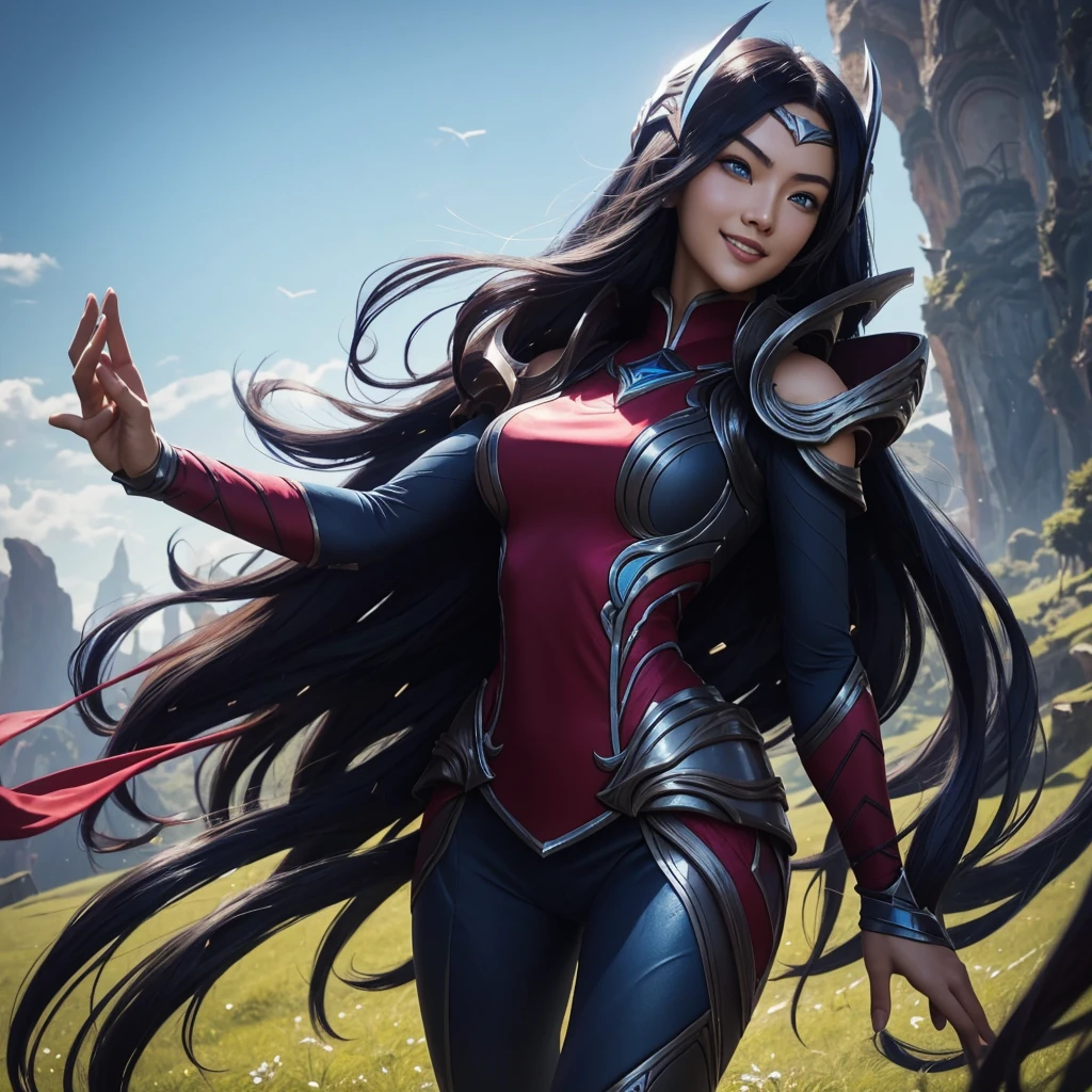 irelia from league of legends, a beautiful 24 years old woman, asian girl, dark blue long hair, blue eyes, fit body, she controls blades in the air, smiling face, detailed photograph, 8k, uhd, high quality photo, bright day, grassland background, sexy girl, perfect body, perfect face