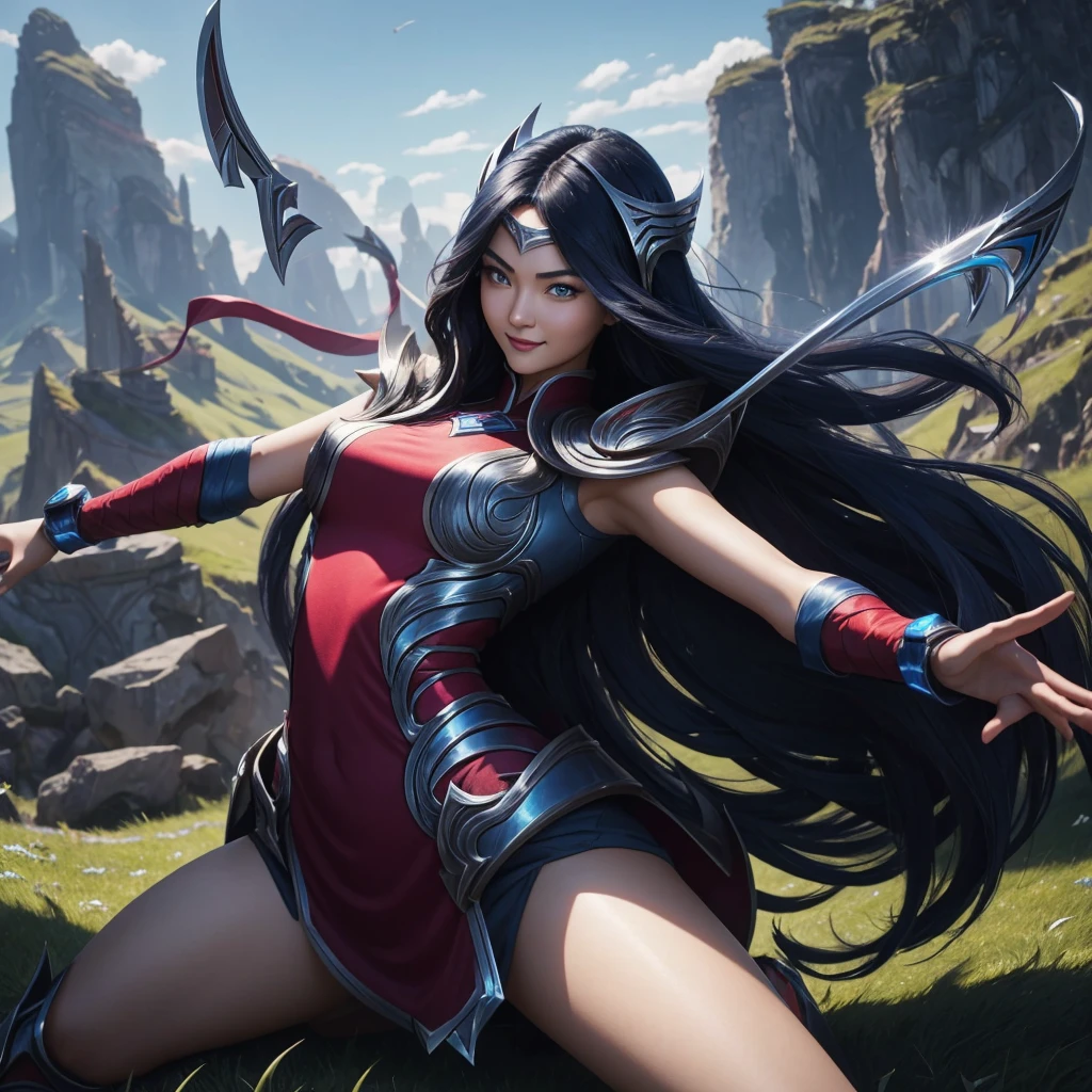 irelia from league of legends, a beautiful 24 years old woman, asian girl, dark blue long hair, blue eyes, fit body, she controls blades in the air, smiling face, detailed photograph, 8k, uhd, high quality photo, bright day, grassland background, sexy girl, perfect body, perfect face