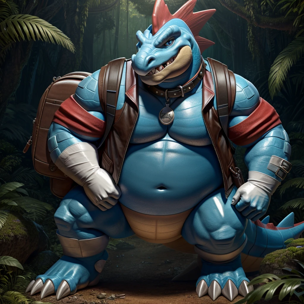 Male, fat, extremely obese, gentleman, Feraligatr, blue eyes, (posing:1.3), (soft shading), 4k, hi res, ((detailed face, detailed)), looking at viewer, evil grin, jungle, forest, shirt, top hat, male focus, Explorer Outfit, glasses, bag, vest, backpack, sleeves rolled up, round eyewear, brown headwear, brown vest, Feraligatr is wearing a glossy leather dog collar around the neck, Feraligatr is wearing the leather collar and shirt and vest at the same time, Feraligatr is wearing glossy white rubber gloves on the hands, wearing white rubber gloves on the feet, gloves are rubber in texture, clenching teeth, clenching fists, leather collar is glossy and shiny with a lot of detail.