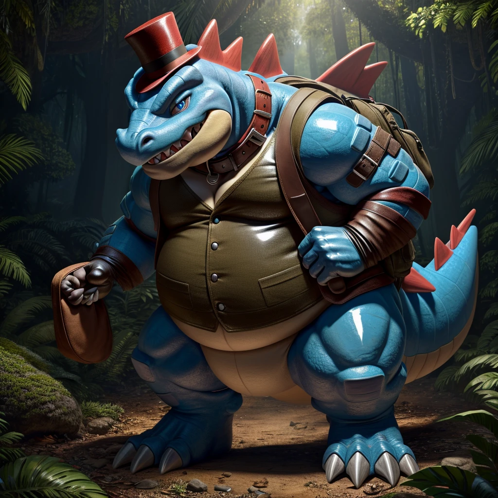 Male, fat, extremely obese, gentleman, Feraligatr, blue eyes, (posing:1.3), (soft shading), 4k, hi res, ((detailed face, detailed)), looking at viewer, evil grin, jungle, forest, shirt, top hat, male focus, Explorer Outfit, glasses, bag, vest, backpack, sleeves rolled up, round eyewear, brown headwear, brown vest, Feraligatr is wearing a glossy leather dog collar around the neck, Feraligatr is wearing the leather collar and shirt and vest at the same time, Feraligatr is wearing glossy white rubber gloves on the hands, wearing white rubber gloves on the feet, gloves are rubber in texture, clenching teeth, clenching fists, leather collar is glossy and shiny with a lot of detail.