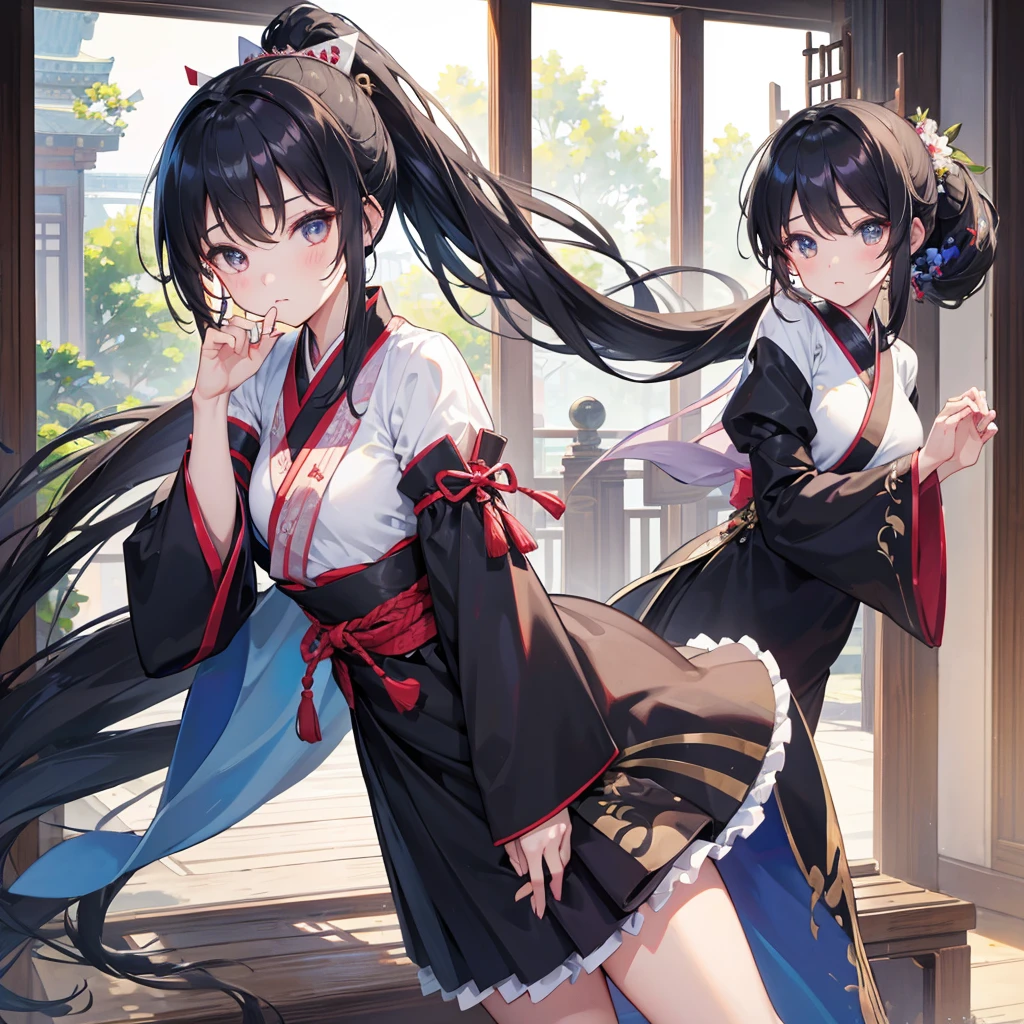 masterpiece, Highest quality,One girl,Single Blade,Black Hair,Long Hair,blue eyes,kimono,Short sleeve,blue short kimono,Pink ribbon,sash,Torn clothes blush,My tooth was damaged,embrrassed,Make a frown,tears,Hollow Eyes,Irritation,The body is slim,Small breasts,Sweat,Suppressed,Put your arms behind your head,Raise the hand,bound,Lock,Locked,defeat,Bondage,Imminent Rape,rope,shibari,Cowboy Shot,handcuffs,bondage,indoor,Japanese style wooden room_horse,rubbing the crotch,torture,heavy,breathe,trembling,From below, masterpiece, Highest quality, High resolution,