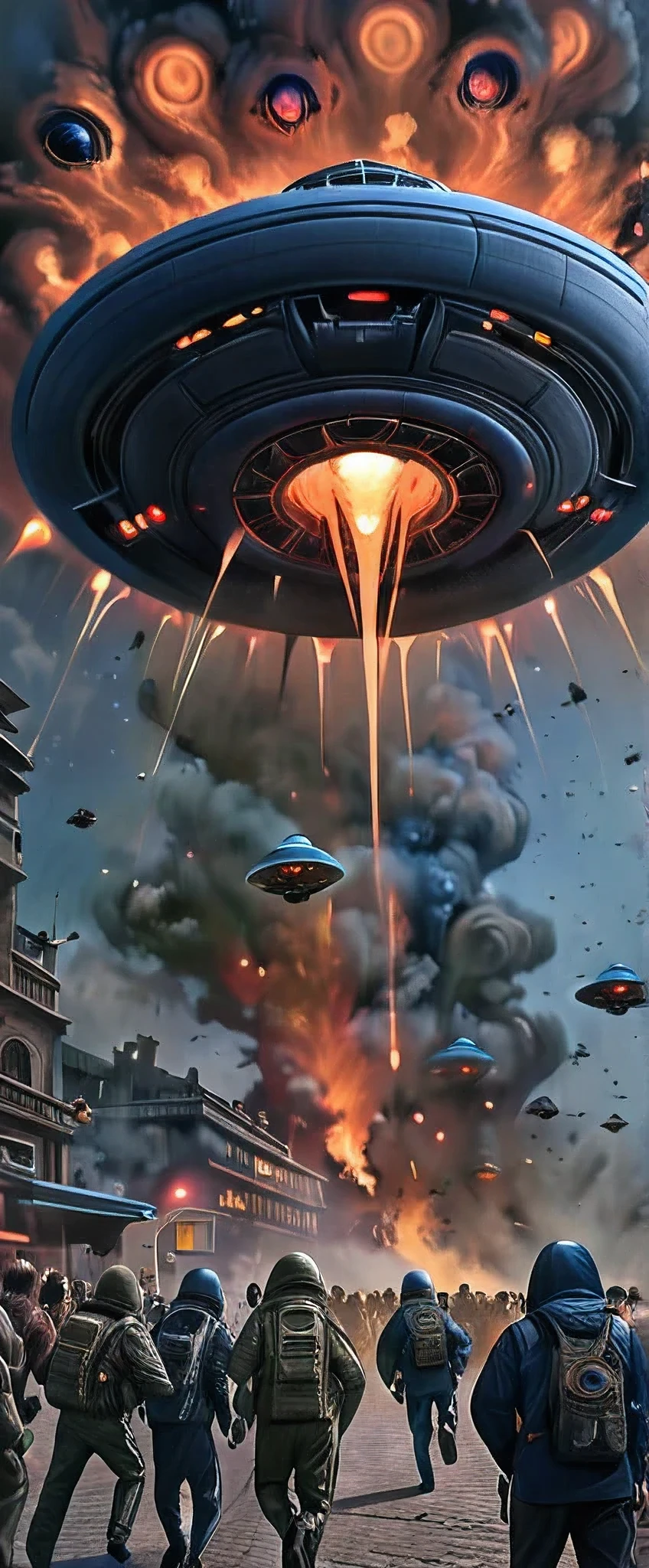 (best quality,4k,8k,highres,masterpiece:1.2),ultra-detailed,(realistic,photorealistic,photo-realistic:1.37),epic alien attack scene at night,highly detailed UFOs hovering in the sky,people running in fear,dramatic nighttime atmosphere,lights from UFOs illuminating the scene,dark blue and vibrant color tones,sharp focus,studio lighting