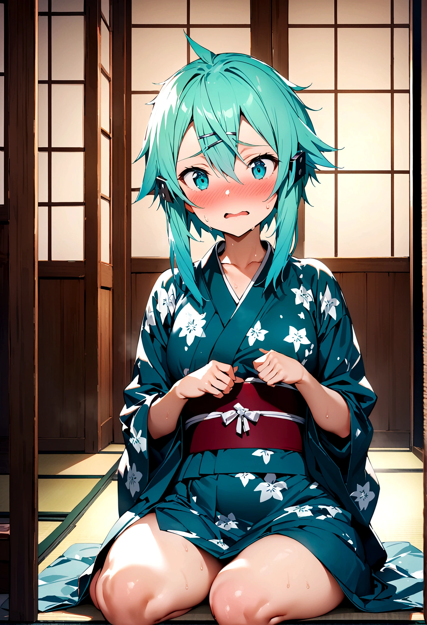 NSFW,masterpiece,Highest quality,High resolution,Super detailed,Sinon\(Sword Art Online\),yukata,hair ornaments, Hair Clip,Embarrassed,expectant face,nervous,blush,Inn at night,Shoji screen,tatami,futon,Girl sitting