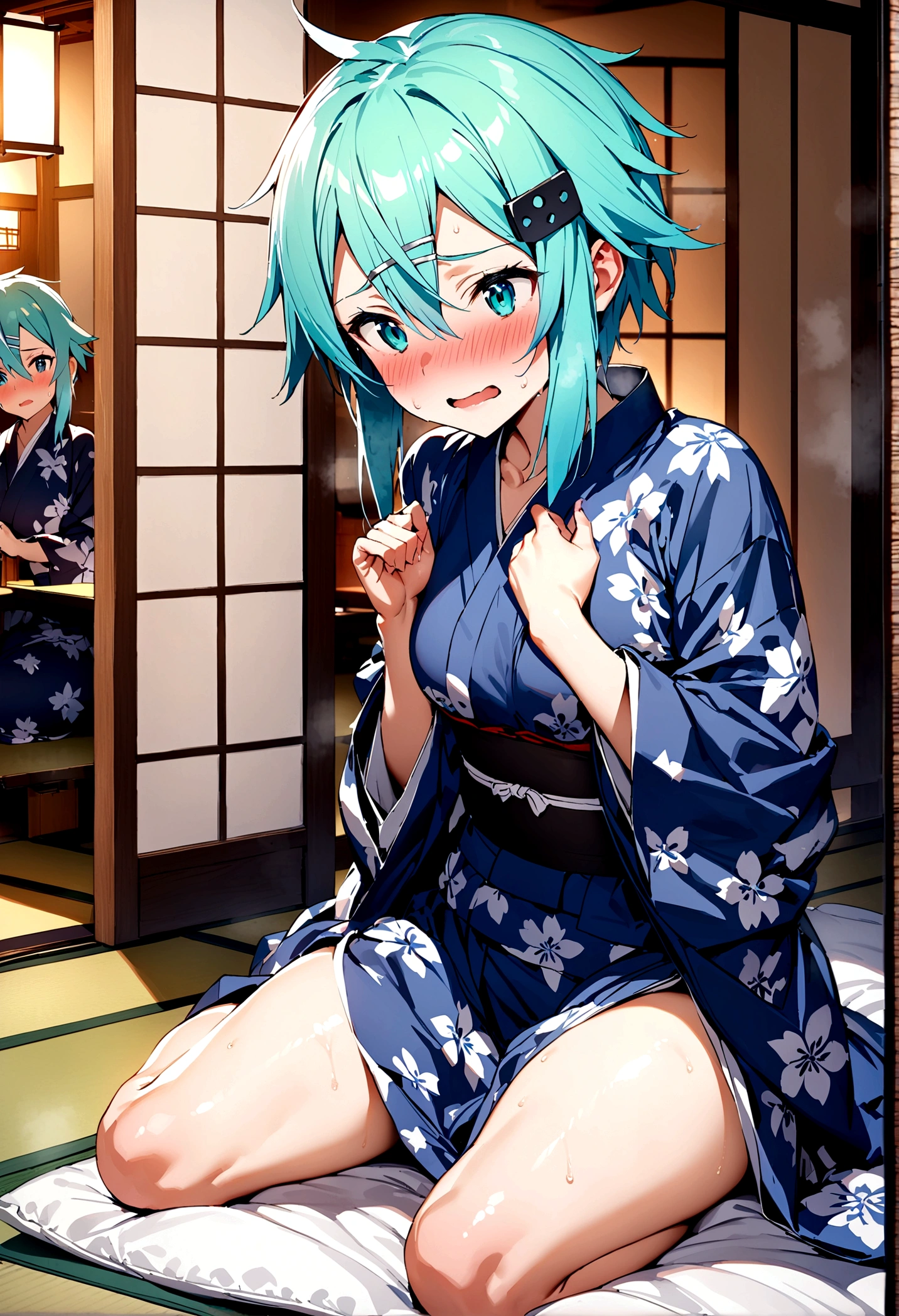 NSFW,masterpiece,Highest quality,High resolution,Super detailed,Sinon\(Sword Art Online\),yukata,Open clothes,hair ornaments, Hair Clip,(Ahegao),blush,Empty face,Inn at night,Shoji screen,tatami,futon,Girl sitting,Drunk,Intoxication,sake bottle,Sake cup,(Middle-aged men),(Body touch),Having her breasts fondled by a man,to kiss,Wet,Fingering,Spread your legs,((Squirting)),heart,(Falling into Pleasure)