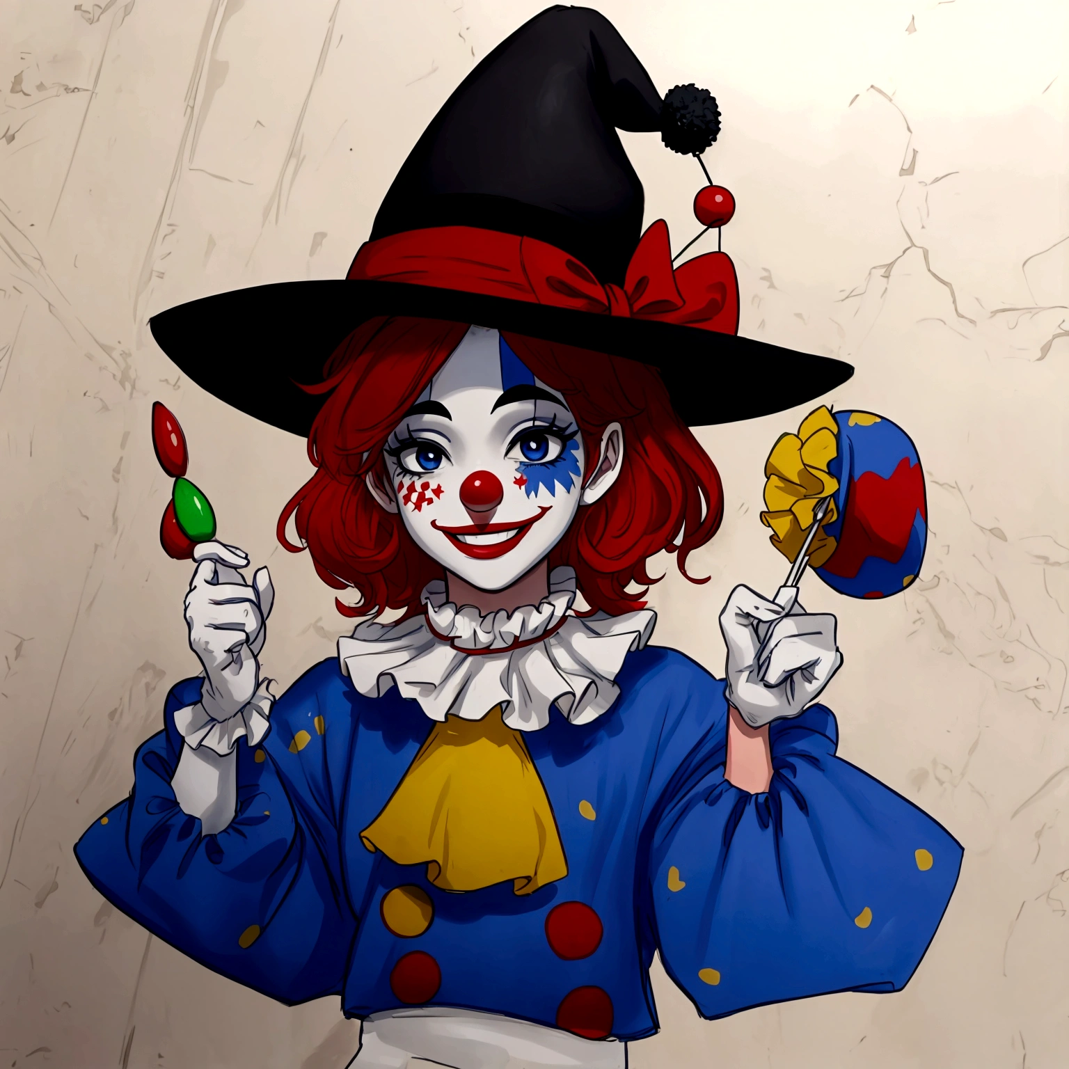 It is a smiling character who is a clown type and has a hat and painted face.
