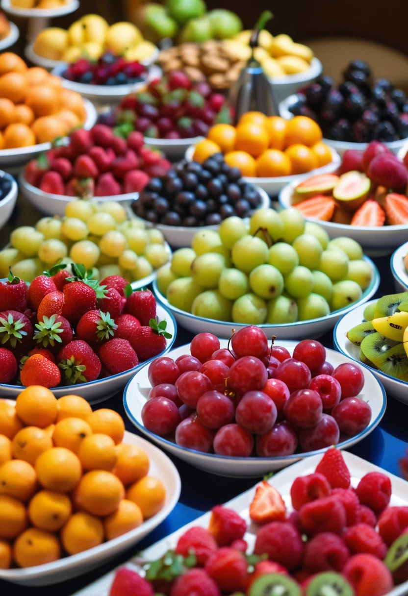 depth of field, chiaroscuro, bokeh, f/1.2, Realism, Verism, close-up, UHD, highres, 1080P, HD, best quality, high quality, super detail,Fresh fruit on display at hotel breakfast buffet catering buffet,there are many different types of fruits on the table, plates of fruits, fresh fruits, colored fruits stand, food close up, stock, California;, fruitss, stock image, professional fruits photography, fruits, breakfast "Buffet", delicious, fruits bowl, tropical fruits, fresh, Spare photo, high quality photos, photo, healthy, fitnes