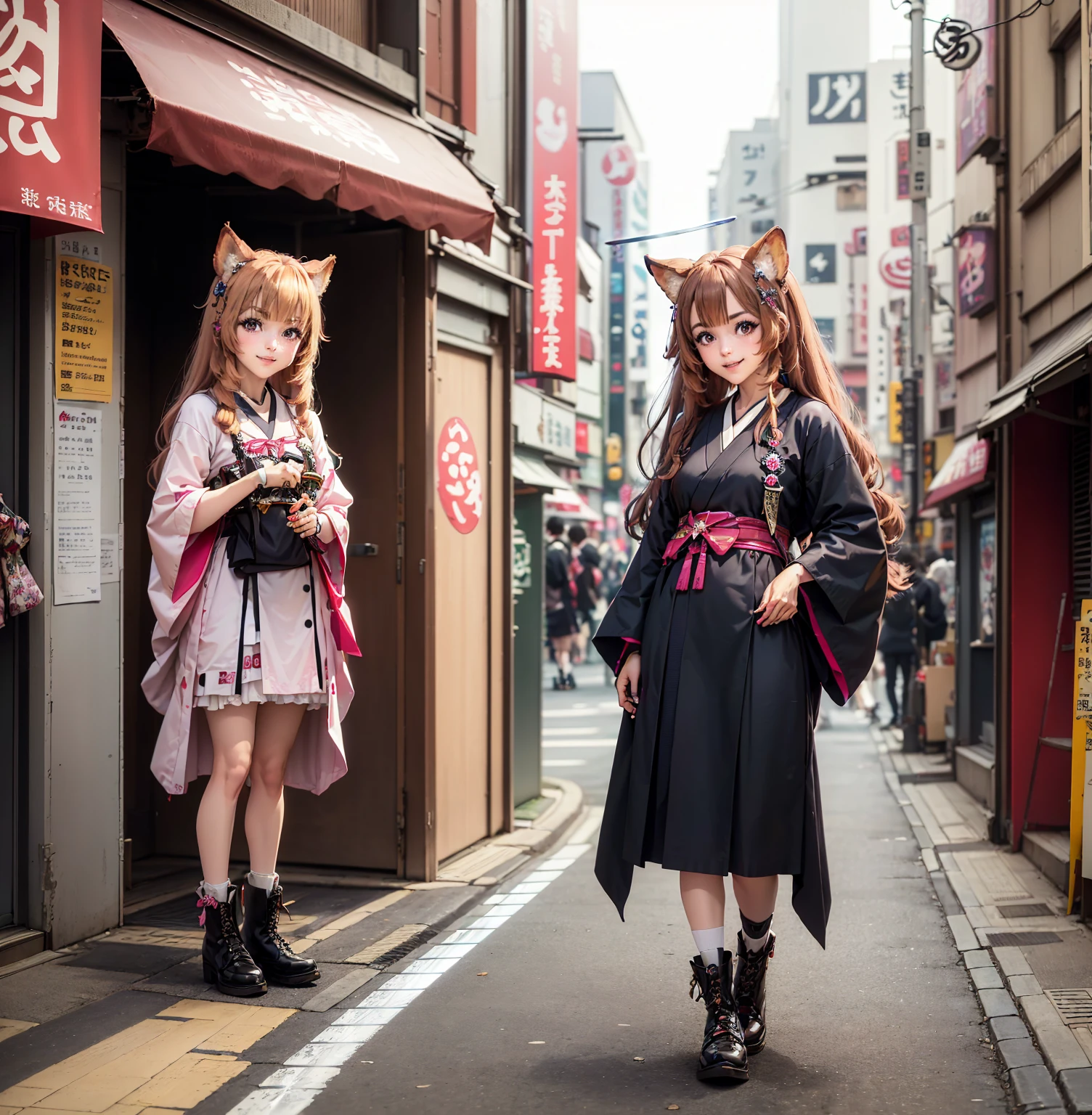 Brahmaestra, Raphtalia, Brown Hair, Animal ears, Red eyes,(Smiled face 1.8)(Smiling Face Eyes 1.8)Happy Face、Happy face、Dynamic pose、Put on your boots(Look at this:1.5)(Full Body Shot:1.2)(Harajuku Takeshita Street:1.5), Full body photo, convenience store,自転car、car、Super Cub、Passersby、(Distant view of modern Japanese cities:1.5)、(Move up by one&#39;Long sword:1.8),(Assault rifle,Hold horizontally:1.8)