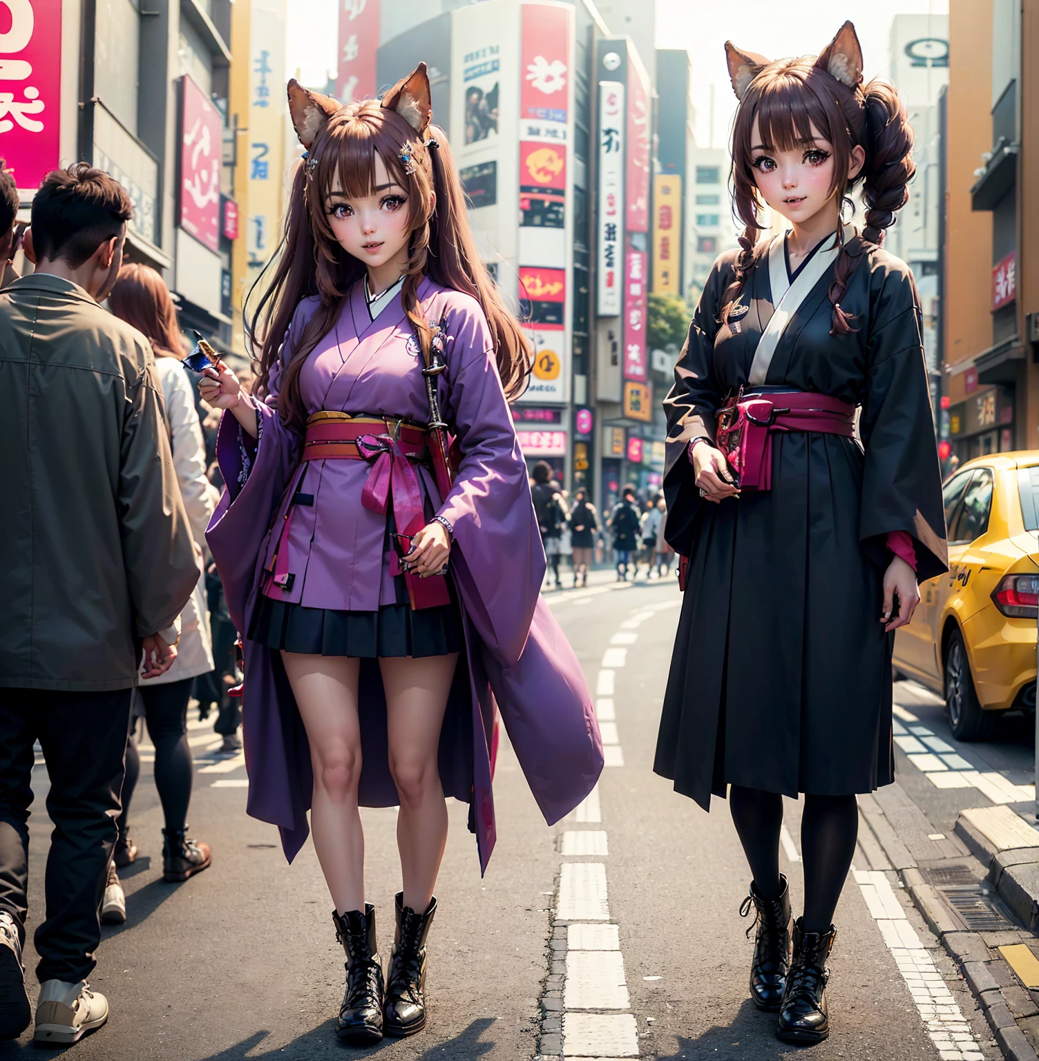 Brahmaestra, Raphtalia, Brown Hair, Animal ears, Red eyes,(Smiled face 1.8)(Smiling Face Eyes 1.8)Happy Face、Happy face、Dynamic pose、Put on your boots(Look at this:1.5)(Full Body Shot:1.2)(Harajuku Takeshita Street:1.5), Full body photo, convenience store,自転car、car、Super Cub、Passersby、(Distant view of modern Japanese cities:1.5)、(Move up by one&#39;Long sword:1.8),(Assault rifle,Hold horizontally:1.8)