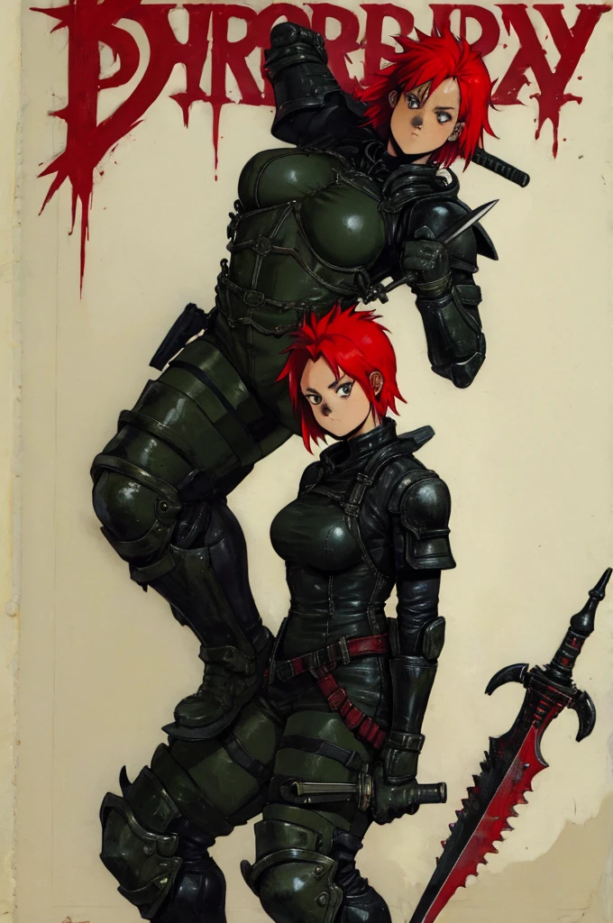 Dorohedoro Style, sexy young girl with short red hair in heavy black knight's armor, a girl holding a sword