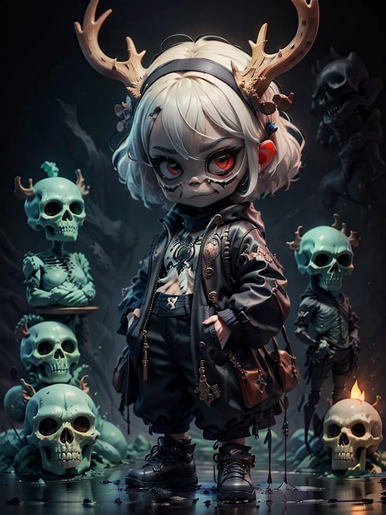 solo, 1 famele, woman, digital artist creates creepy character with skeleton face standing in blood-splattered puddle, skull, solo, red eyes, skeleton, holding skull, black sclera, looking at viewer, white hair, antlers, glowing