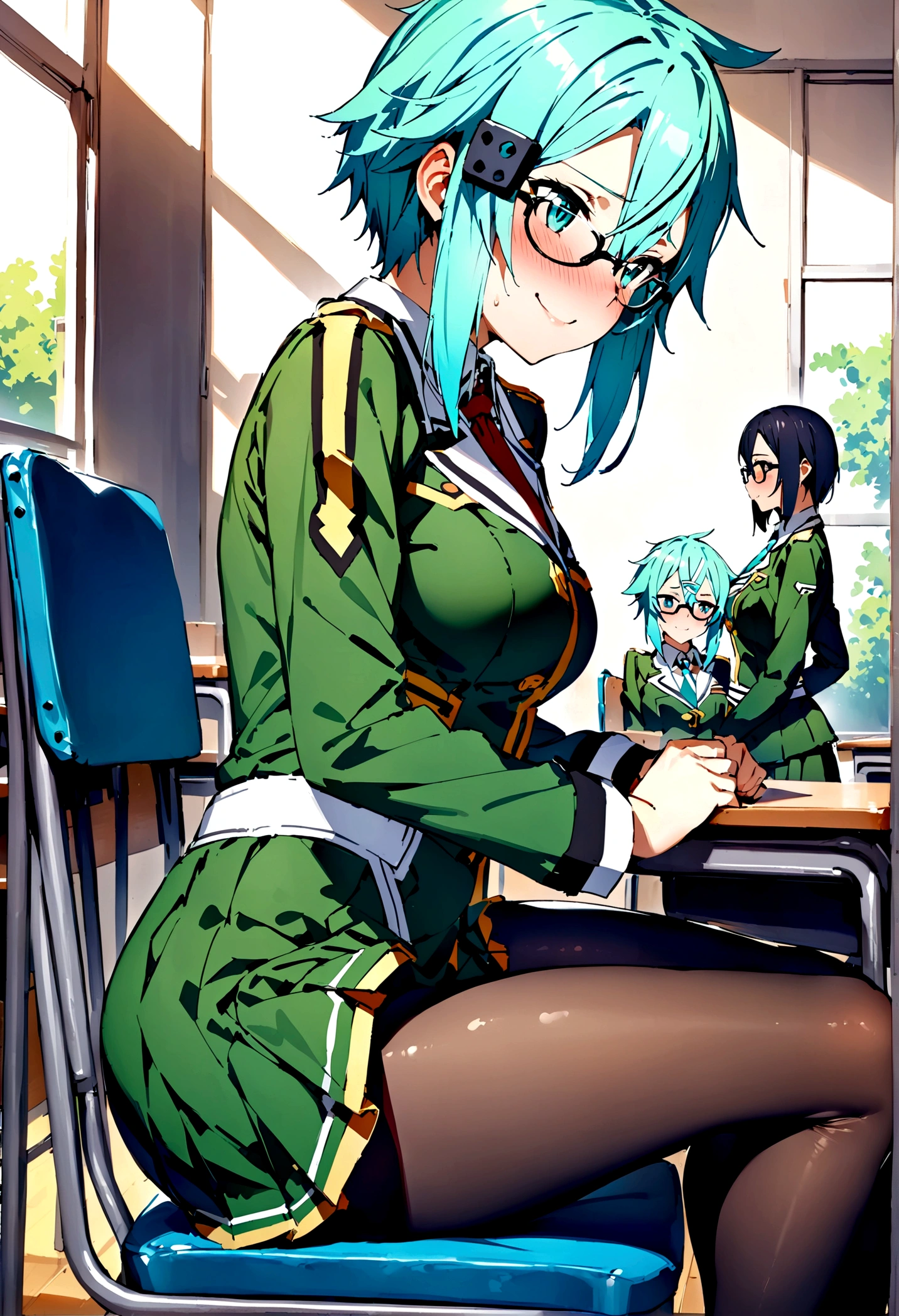 NSFW,masterpiece,Highest quality,High resolution,Super detailed,Sinon\(Sword Art Online\),Glasses,uniform,mini skirt,pantyhose,Embarrassed,expectant face,smile,blush,School,classroom,During class,Sit on a chair,From the side
