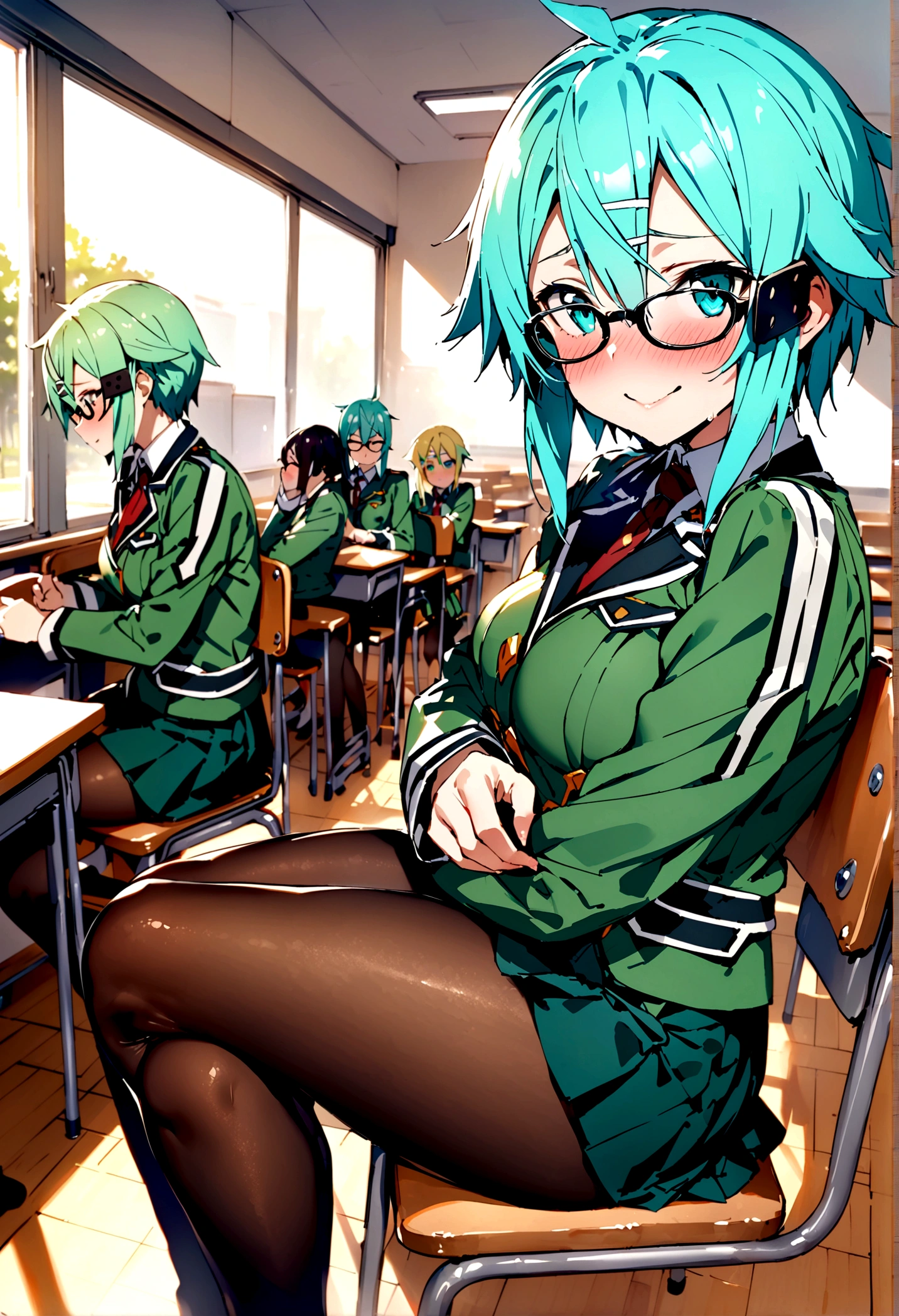 NSFW,masterpiece,Highest quality,High resolution,Super detailed,Sinon\(Sword Art Online\),Glasses,uniform,mini skirt,pantyhose,Embarrassed,expectant face,smile,blush,School,classroom,During class,Sit on a chair,From the side