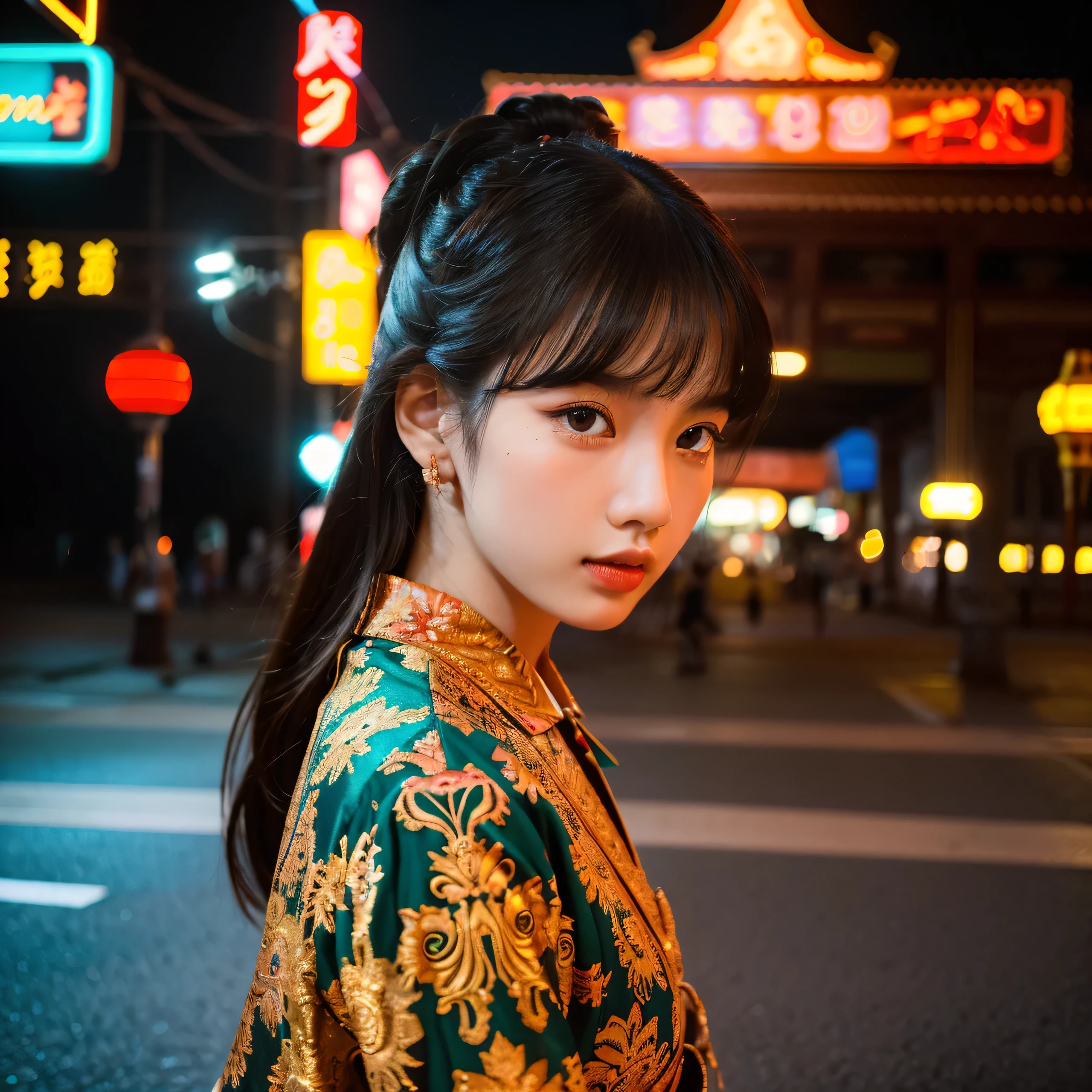 a beautiful girl, detailed eyes and lips, standing alone on the middle of a street in Thailand's Chinatown, 1girl, high contrast, vibrant colors, cinematic lighting, photorealistic, (best quality,4k,8k,highres,masterpiece:1.2),ultra-detailed,(realistic,photorealistic,photo-realistic:1.37),detailed facial features, delicate skin, long eyelashes, elegant pose, intricate details, ornate architecture, neon signs, warm lighting, tilt-shift effect